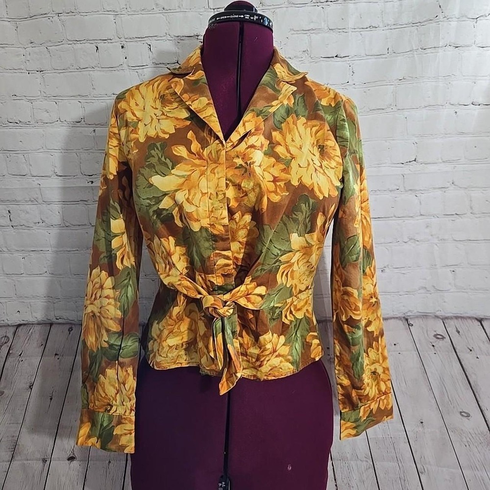 JONES NY Tie Front Button Blouse Sz Lp Fall Floral Romantic Cropped Yellow